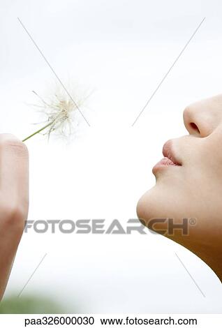 Woman blowing dandelion, close-up View Large Photo Image Stock Image - Woman blowing dandelion, close-up. Fotosearch