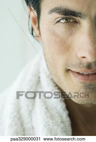 Man with towel around neck, cropped close-up View Large Photo Image Stock Image - Man with towel around neck, cropped close-up. Fotosearch