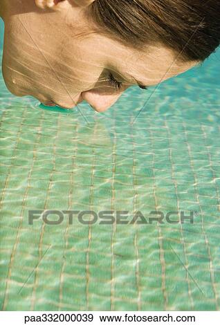 Woman touching lips to surface of water View Large Photo Image Stock Photo - Woman touching lips to surface of water. Fotosearch