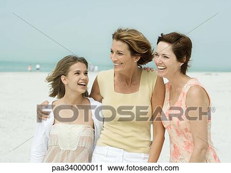 Stock Image - Three generations of women on beach, smiling. Fotosearch