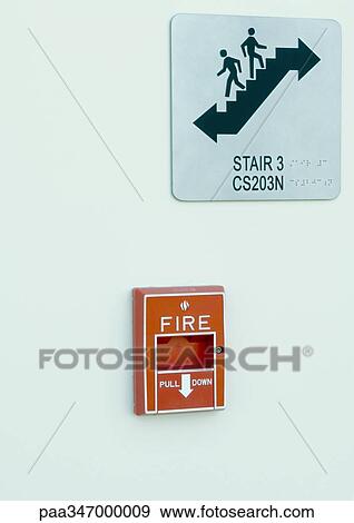 Stair sign and fire alarm View Large Photo Image Stock Photo - Stair sign and fire alarm. Fotosearch