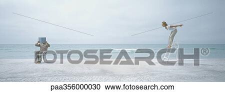 On beach, man holding up book in front of face while woman on stepladder screams at him View Large Photo Image Stock Image - On beach, man holding up book in front of face while woman on stepladder screams at him. Fotosearch