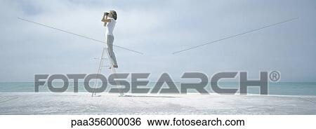 Woman standing on ladder, looking through binoculars, on beach View Large Photo Image Stock Photograph - Woman standing on ladder, looking through binoculars, on beach. Fotosearch