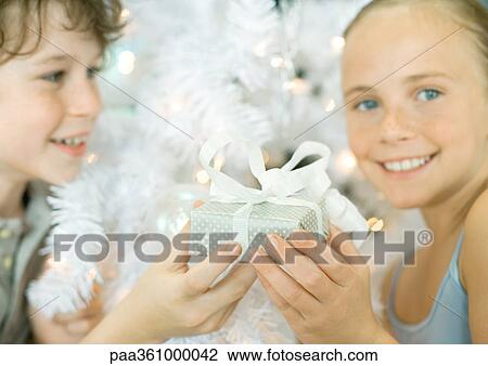 Boy handing sister gift in front of christmas tree View Large Photo Image Stock Image - Boy handing sister gift in front of christmas tree. Fotosearch