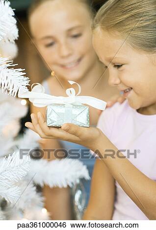 Girl holding present next to christmas tree, sister watching View Large Photo Image Stock Photograph - Girl holding present next to christmas tree, sister watching. Fotosearch
