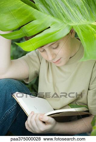 Stock Photo - Boy sitting under leaf, reading. Fotosearch