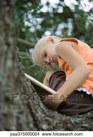 Girl reading book in tree View Large Photo Image Picture - Girl reading book in tree. Fotosearch