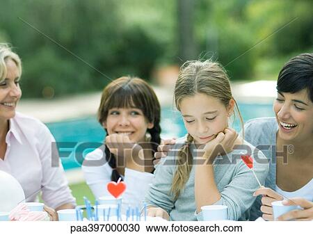 Stock Image - Family having outdoor birthday party. Fotosearch