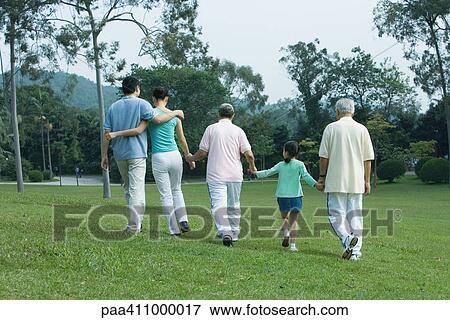 Stock Photo - Three generation family walking in park, rear view. Fotosearch