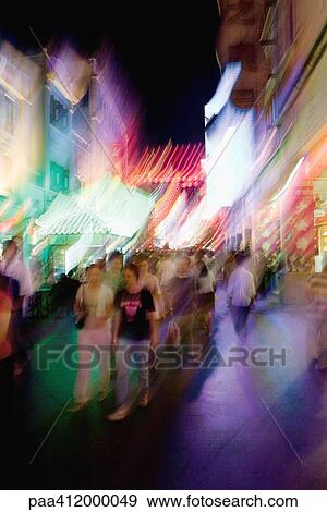 China, Guangzhou, crowded pedestrian street at night View Large Photo Image Stock Photo - China, Guangzhou, crowded pedestrian street at night. Fotosearch