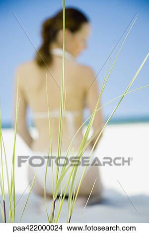 Picture - Woman in bikini kneeling on beach, focus on sea oats in foreground. Fotosearch