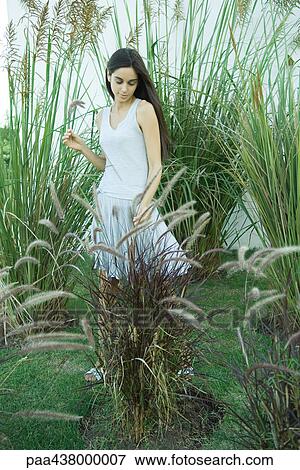 Woman standing among long grasses and reeds, full length View Large Photo Image Stock Photo - Woman standing among long grasses and reeds, full length. Fotosearch