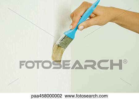 Stock Image - Woman painting wall with paintbrush, cropped view of hand. Fotosearch