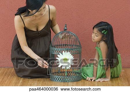 Mother and daughter on floor on either side of birdcage containing flower, woman opening door of birdcage View Large Photo Image Stock Photograph - Mother and daughter on floor on either side of birdcage containing flower, woman opening door of birdcage. Fotosearch