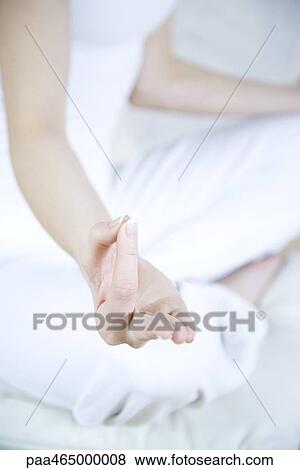 Woman sitting in lotus position, cropped view of hand View Large Photo Image Stock Photo - Woman sitting in lotus position, cropped view of hand. Fotosearch