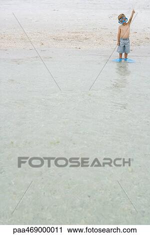 Stock Image - Little boy standing in shallow water, wearing snorkeling mask and flippers, one arm raised, full length, front view. Fotosearch