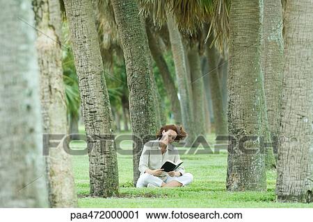Stock Image - Woman sitting in palm grove reading book. Fotosearch