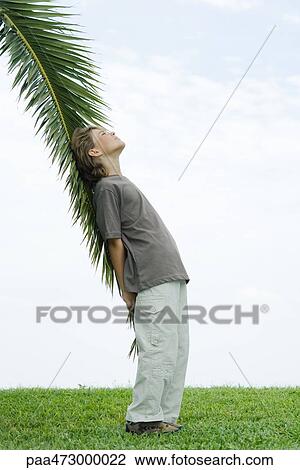 Stock Image - Boy leaning against palm leaf, looking up, side view. Fotosearch