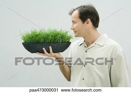 Man smelling bowl of grass, side view View Large Photo Image Stock Image - Man smelling bowl of grass, side view. Fotosearch