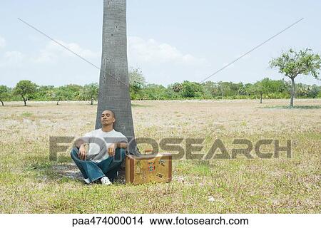 Picture - Man with suitcase sitting on the ground, leaning against tree with eyes closed. Fotosearch