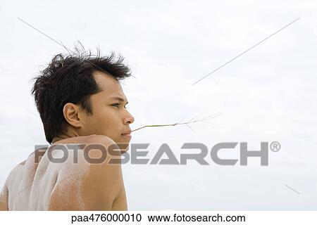 Man with sand on his back holding piece of straw in his mouth, profile View Large Photo Image Stock Image - Man with sand on his back holding piece of straw in his mouth, profile. Fotosearch