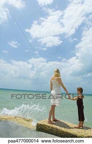 Picture - Mother and daughter standing by ocean as waves crash, holding hands and facing horizon, full length. Fotosearch