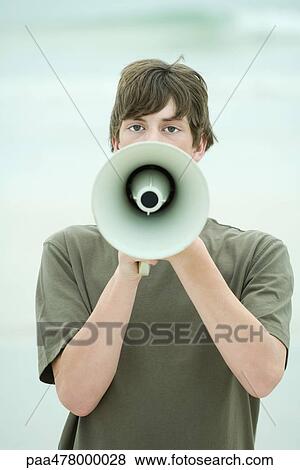 Teen Boy Using Megaphone Front View Stock Photo Paa Fotosearch