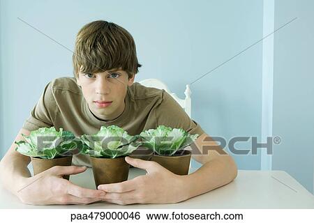 Teen boy protecting potted plants, looking at camera View Large Photo Image Stock Photograph - Teen boy protecting potted plants, looking at camera. Fotosearch