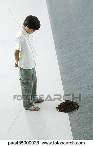 Boy staring down at pile of soil View Large Photo Image Stock Photo - Boy staring down at pile of soil. Fotosearch
