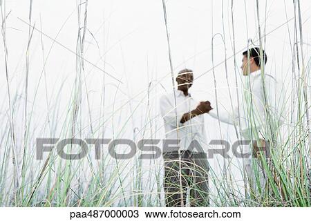 Stock Image - Two men shaking hands outdoors, low angle view through tall grass. Fotosearch