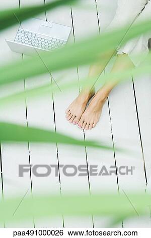 Woman sitting on the ground next to laptop computer, cropped view of legs, high angle view View Large Photo Image Stock Photograph - Woman sitting on the ground next to laptop computer, cropped view of legs, high angle view. Fotosearch