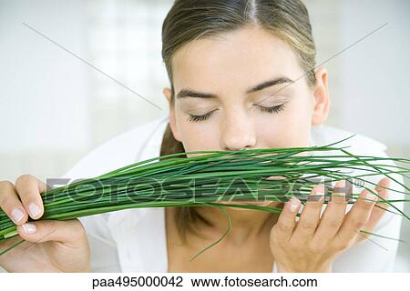 Young woman smelling a bunch of chives, eyes closed, head and shoulders View Large Photo Image Stock Image - Young woman smelling a bunch of chives, eyes closed, head and shoulders. Fotosearch