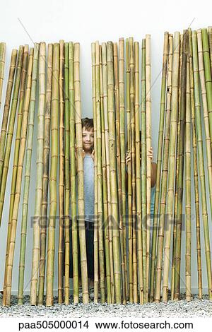 Picture - Brother and sister standing behind bamboo, boy smiling at camera, girl hiding. Fotosearch