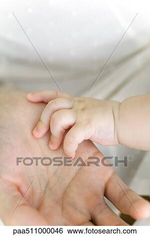 Stock Photograph - Baby's hand holding adult's hand, close-up. Fotosearch