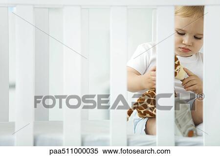 Toddler sitting in crib, playing with stuffed giraffe View Large Photo Image Stock Photography - Toddler sitting in crib, playing with stuffed giraffe. Fotosearch