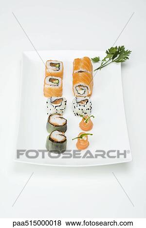 Stock Photo - Assorted maki sushi arranged on sushi plate. Fotosearch