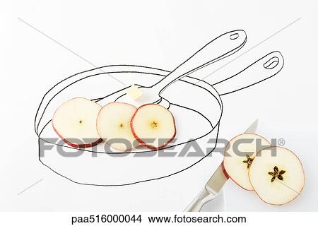 Apple slices and butter in drawing of pan View Large Photo Image Picture - Apple slices and butter in drawing of pan. Fotosearch