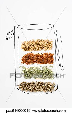 Assorted spices on drawing of canister View Large Photo Image Stock Photo - Assorted spices on drawing of canister. Fotosearch