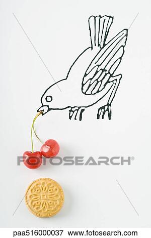 Bird with cherries and cookie View Large Photo Image Stock Photo - Bird with cherries and cookie. Fotosearch