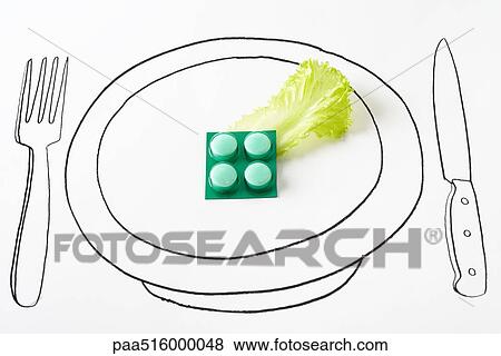Blister pack of pills and single piece of lettuce on plate View Large Photo Image Stock Photo - Blister pack of pills and single piece of lettuce on plate. Fotosearch