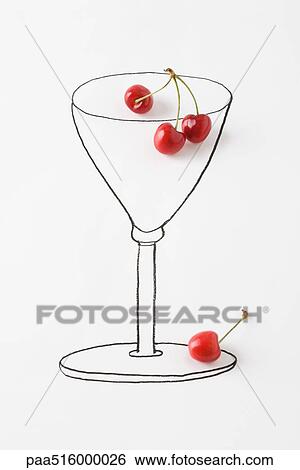 Cherries on drawing of stemmed glass View Large Photo Image Stock Photograph - Cherries on drawing of stemmed glass. Fotosearch