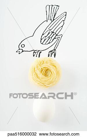 Drawing of bird with noodles and egg View Large Photo Image Stock Image - Drawing of bird with noodles and egg. Fotosearch