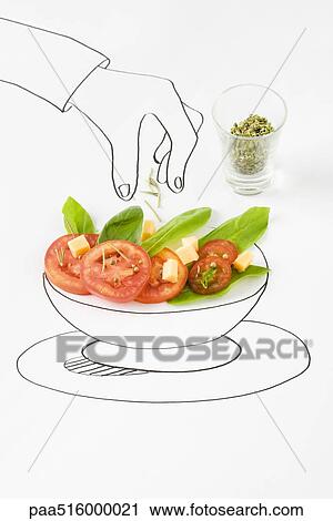 Drawing of hand sprinkling seasonings on salad View Large Photo Image Stock Image - Drawing of hand sprinkling seasonings on salad. Fotosearch