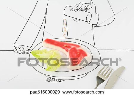 Drawing of person sprinkling peppercorns on plastic steak View Large Photo Image Stock Photo - Drawing of person sprinkling peppercorns on plastic steak. Fotosearch