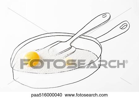 Stock Image - Egg yolk and butter in drawing of frying pan. Fotosearch