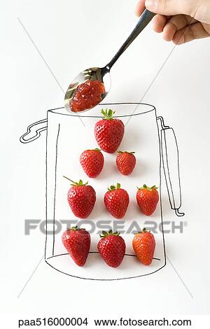 Hand holding spoonful of jam over strawberries in drawing of jar View Large Photo Image Picture - Hand holding spoonful of jam over strawberries in drawing of jar. Fotosearch