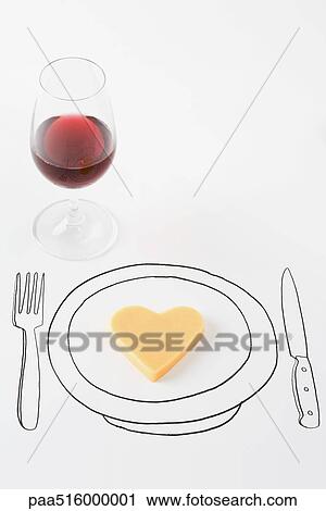 Heart-shaped cheese on drawing of plate, glass of red wine nearby View Large Photo Image Stock Image - Heart-shaped cheese on drawing of plate, glass of red wine nearby. Fotosearch