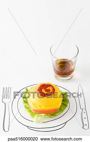 Ketchup and plastic hamburger on drawing of plate, glass of whisky nearby View Large Photo Image Stock Image - Ketchup and plastic hamburger on drawing of plate, glass of whisky nearby. Fotosearch