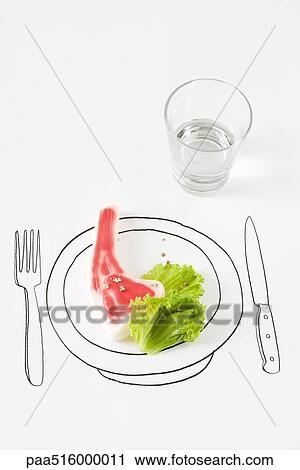 Stock Image - Plastic steak and lettuce on drawing of plate. Fotosearch