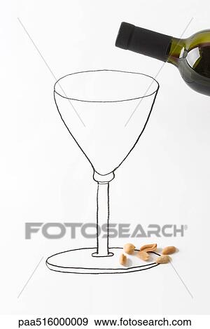 Wine bottle over drawing of wine glass, peanuts scattered at base View Large Photo Image Stock Photo - Wine bottle over drawing of wine glass, peanuts scattered at base. Fotosearch